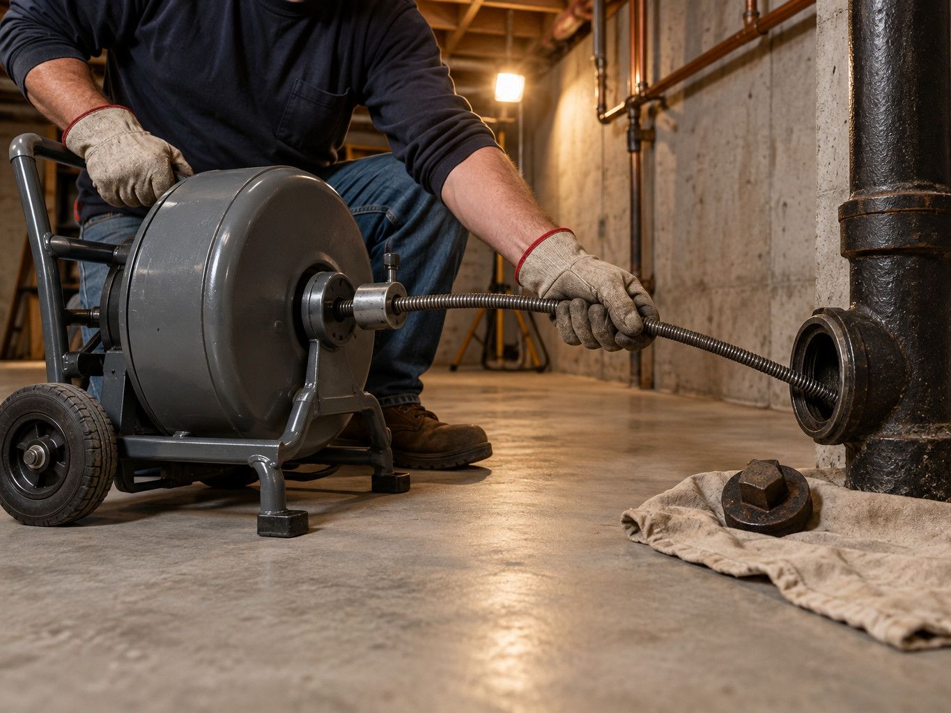 Drum drain machine feeding a steel cable into a cast iron cleanout in an unfinished basement
