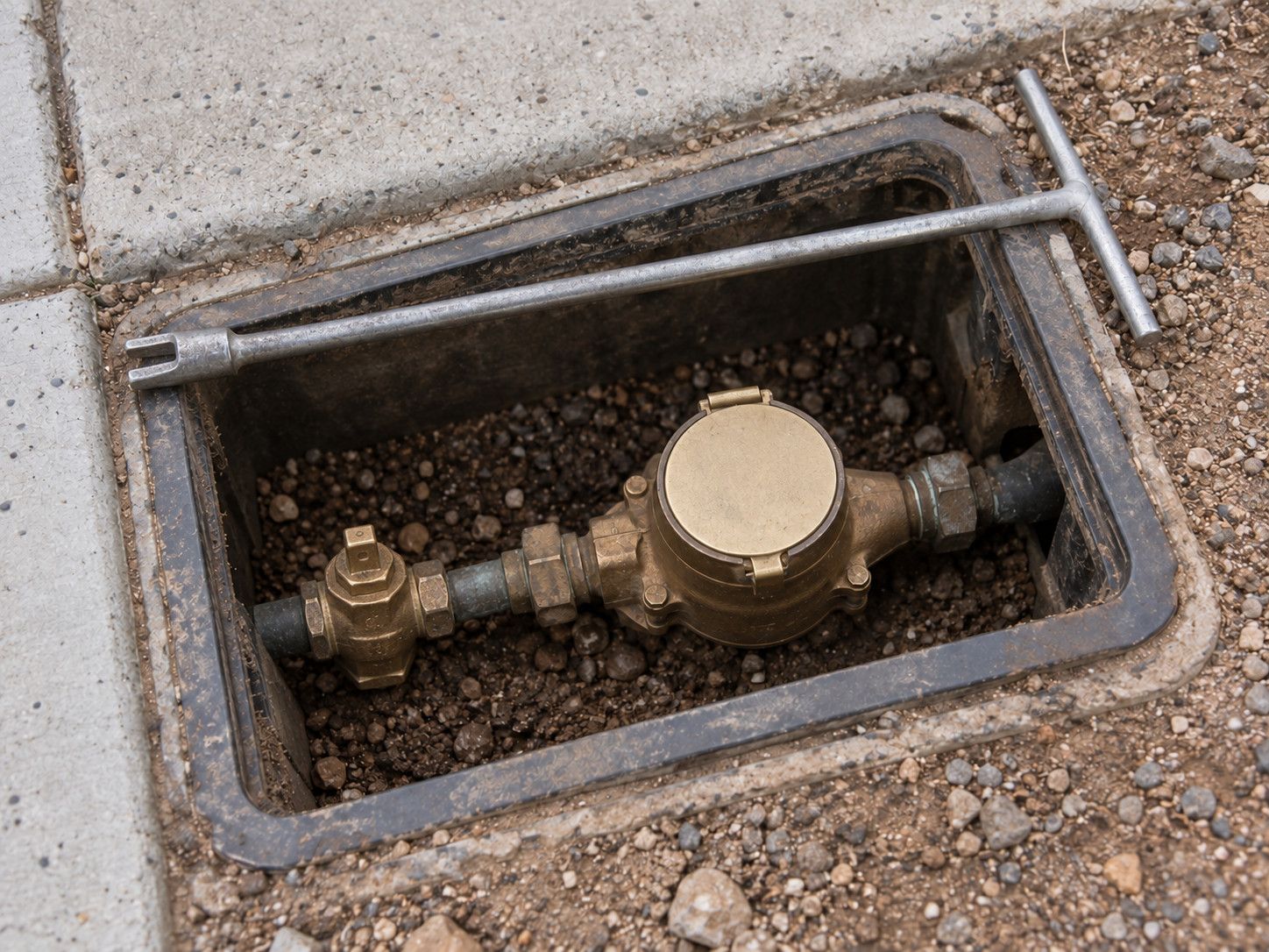 In-ground water meter box with the meter, curb stop and a steel meter key resting across it