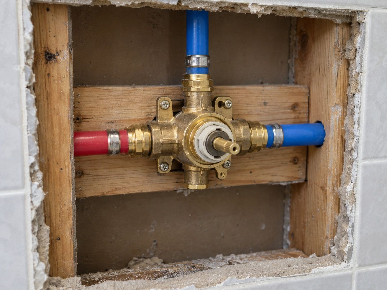 Brass shower valve body with red and blue PEX lines inside an opened tiled wall