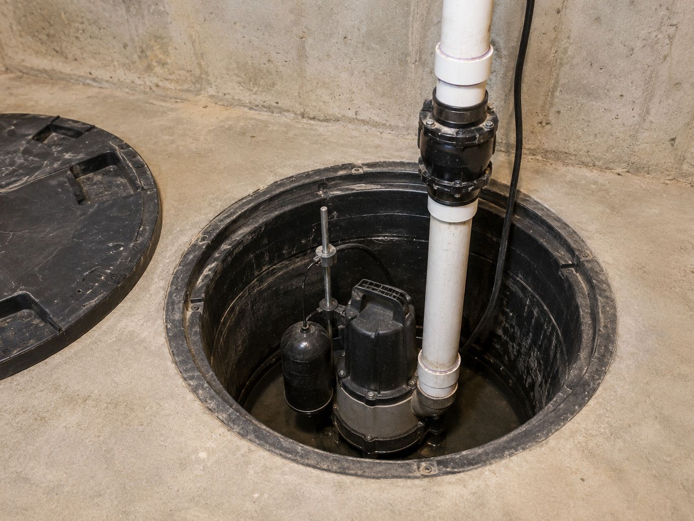 Open sump pit with a submersible pump, float switch and white PVC discharge pipe with check valve
