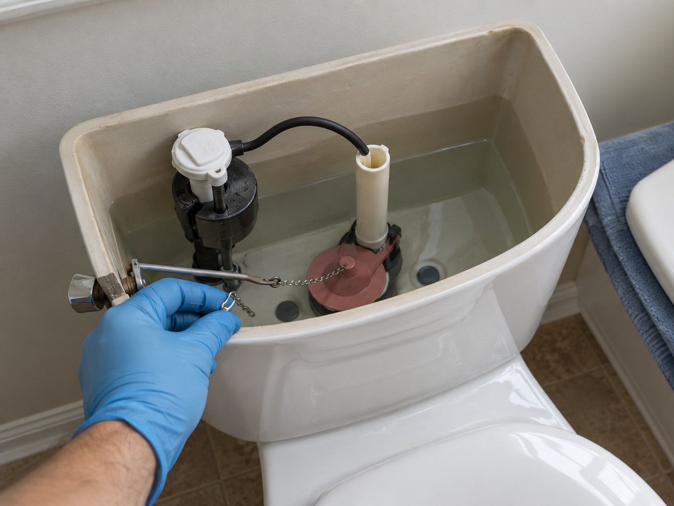 Open toilet tank showing the fill valve, overflow tube and flapper chain being adjusted