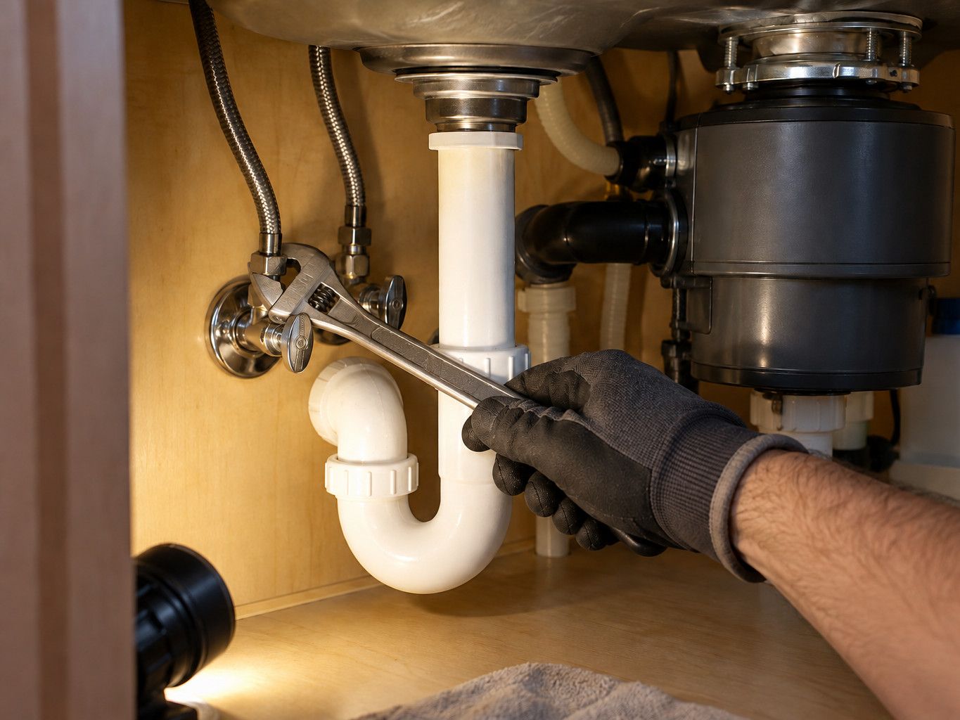 Kitchen sink cabinet with a white P-trap, braided supply lines, angle stops and a garbage disposal